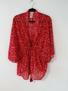 Lucky Brand Red Floral Sheer Tie-Front